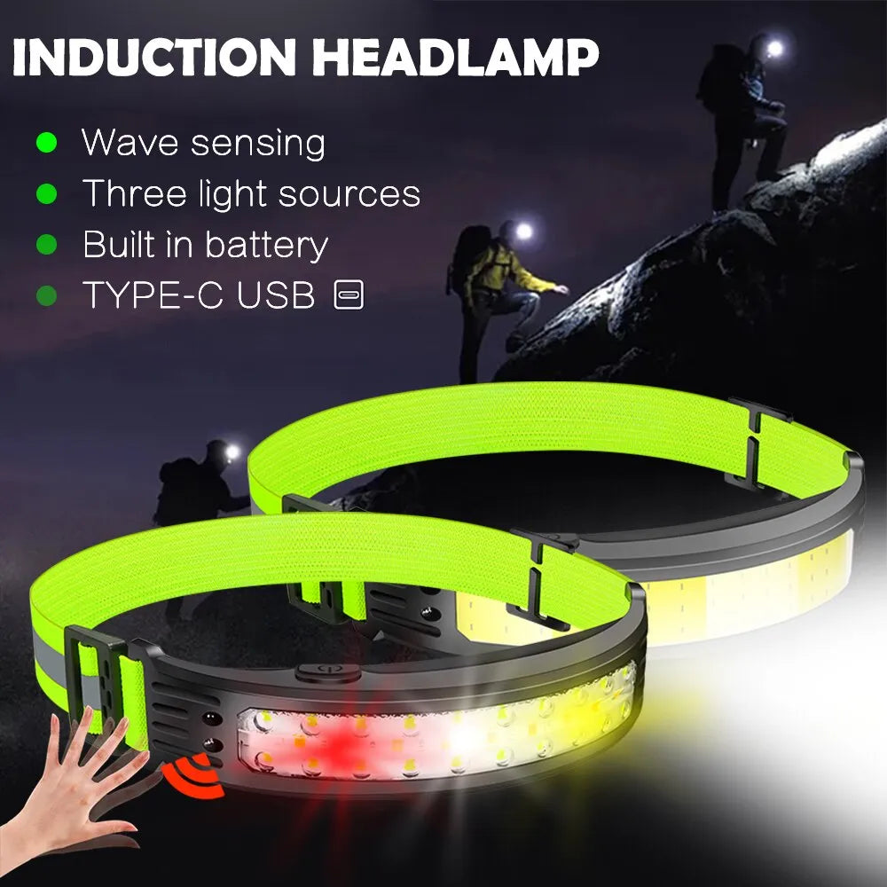 Durable hiking vest-COB Sensor Headlight Built in Battery Fishing Headlamp Rechargeable 6 Modes Head Torch Outdoor Camping Flashlight