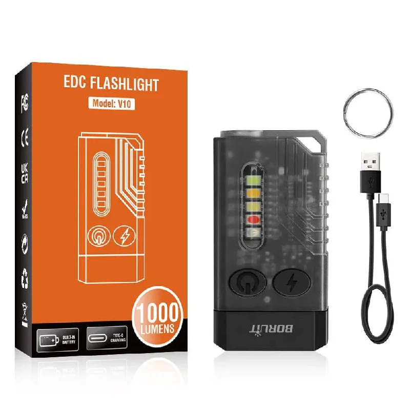 Solar-powered hiking lamp-BORUiT V10 EDC Keychain Flashlight Portable Mini Torch Type-C Rechargeable Work Light With Magnet UV Beep Camping Pocket Lantern