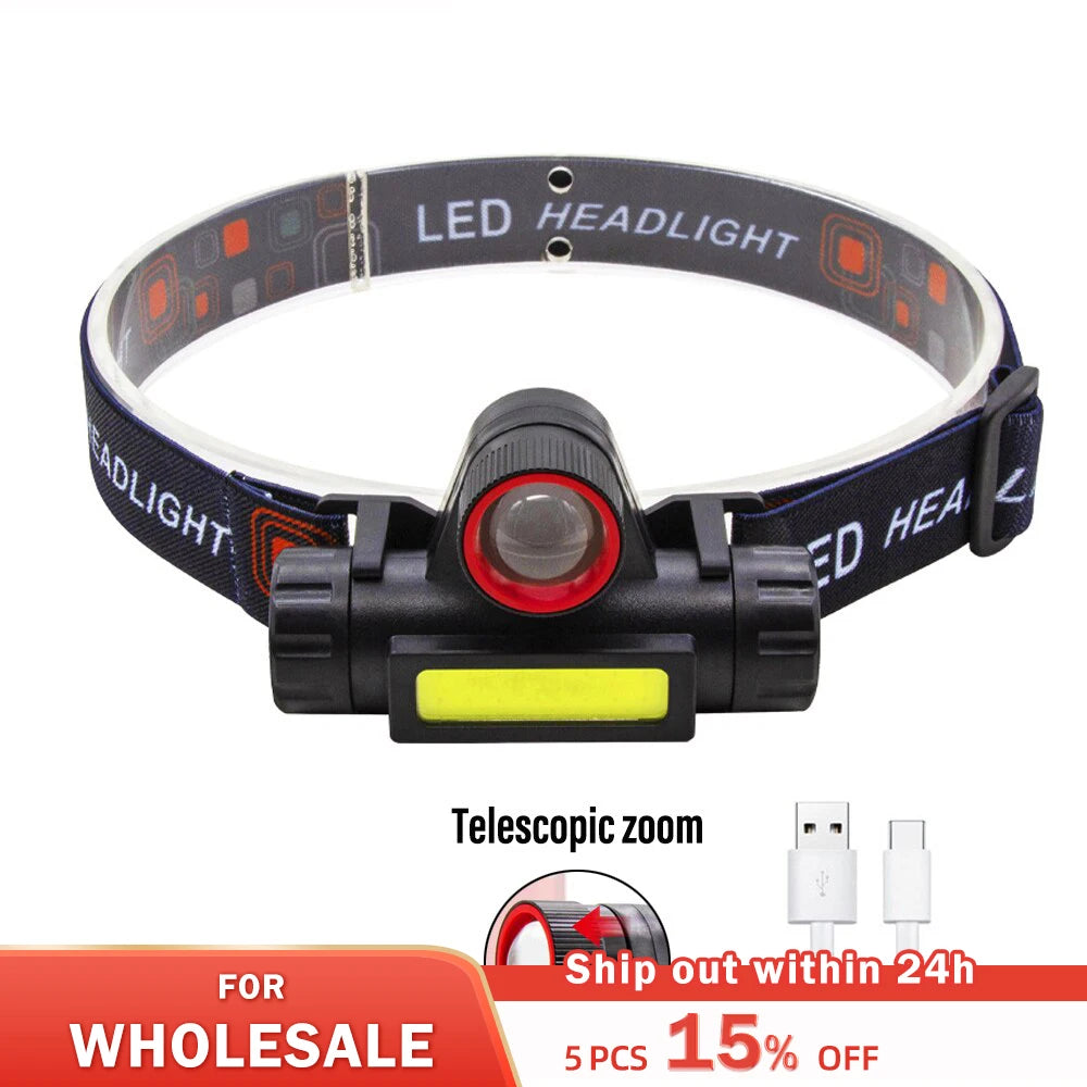 Lightweight hiking grill-Rechargeable Fishing LED Headlamp Camping Headlight XPE COB Work Light 2 Lighting Modes With Tail Magnet Detachable