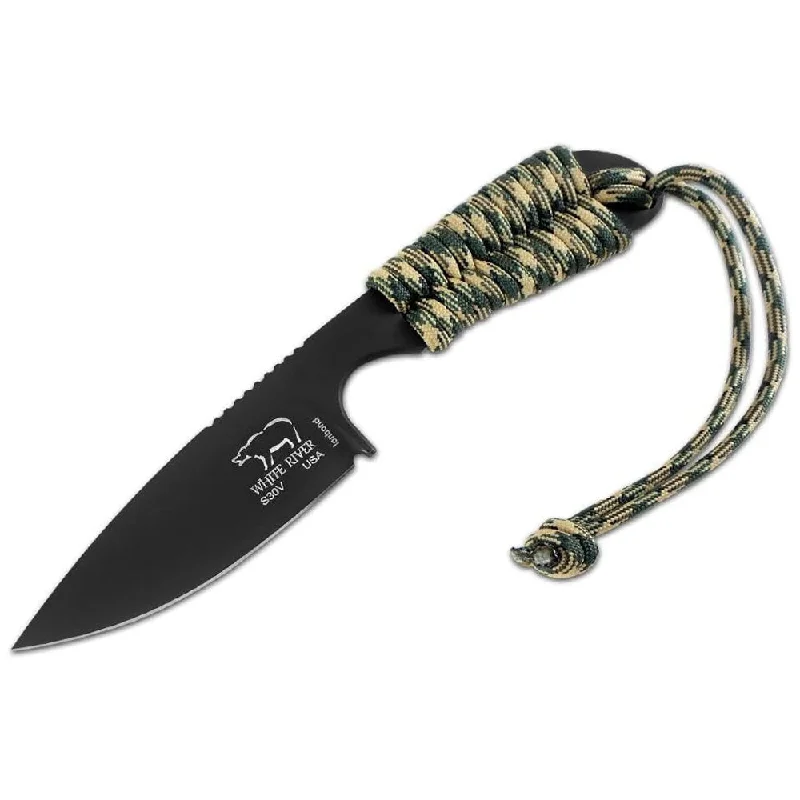 Multi-fuel camping stove-WHITE RIVER Desert Camo Paracord Handle Backpacker Black Ionbond Coated Blade Knife - WRBR-PCA-CBI