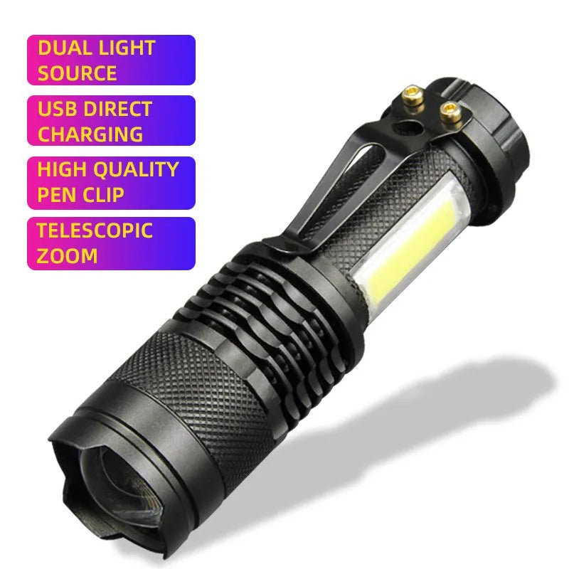 Rechargeable trekking flashlight-Mini XPE COB Lamp Bead LED Flashlight Use Rechargeable Double Light Source Emergency Flashlight for Hiking Camping Fishing