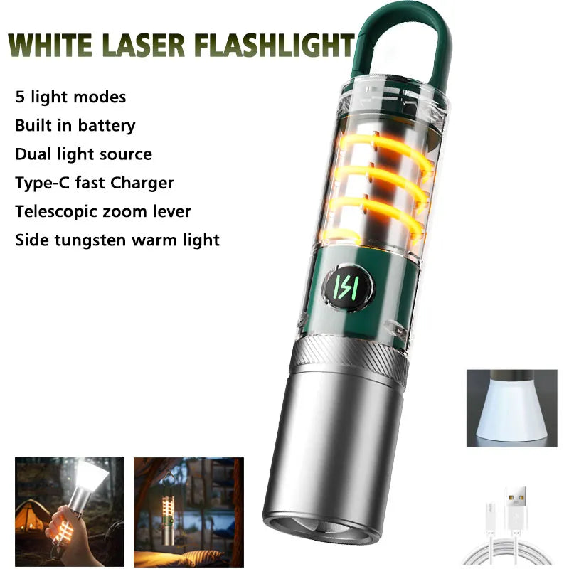 Lightweight hiking pot-White Laser Flashlight Internal 18650 Rechargeable Torch 5Modes Zoom Hook Hanging Side Tungsten Wire Camping Lamp with Lampshade