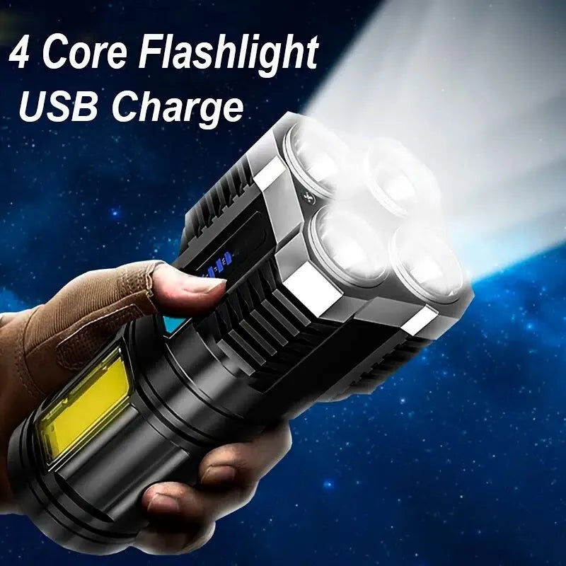 Solar-powered trekking charger-High Power LED Flashlights Camping Torch With 4 Lamp Beads And COB Side Light Rechargeable Portable Hand Lantern 4 Lighting Mode