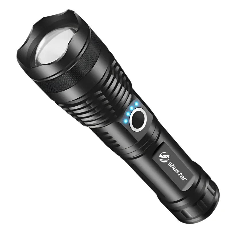 Solar-powered hiking fan-High Power LED Flashlight Camping Torch With 4 Core P50 Lamp Bead Zoomable 5 Lighting Modes Use of High Strength Aluminum Alloy