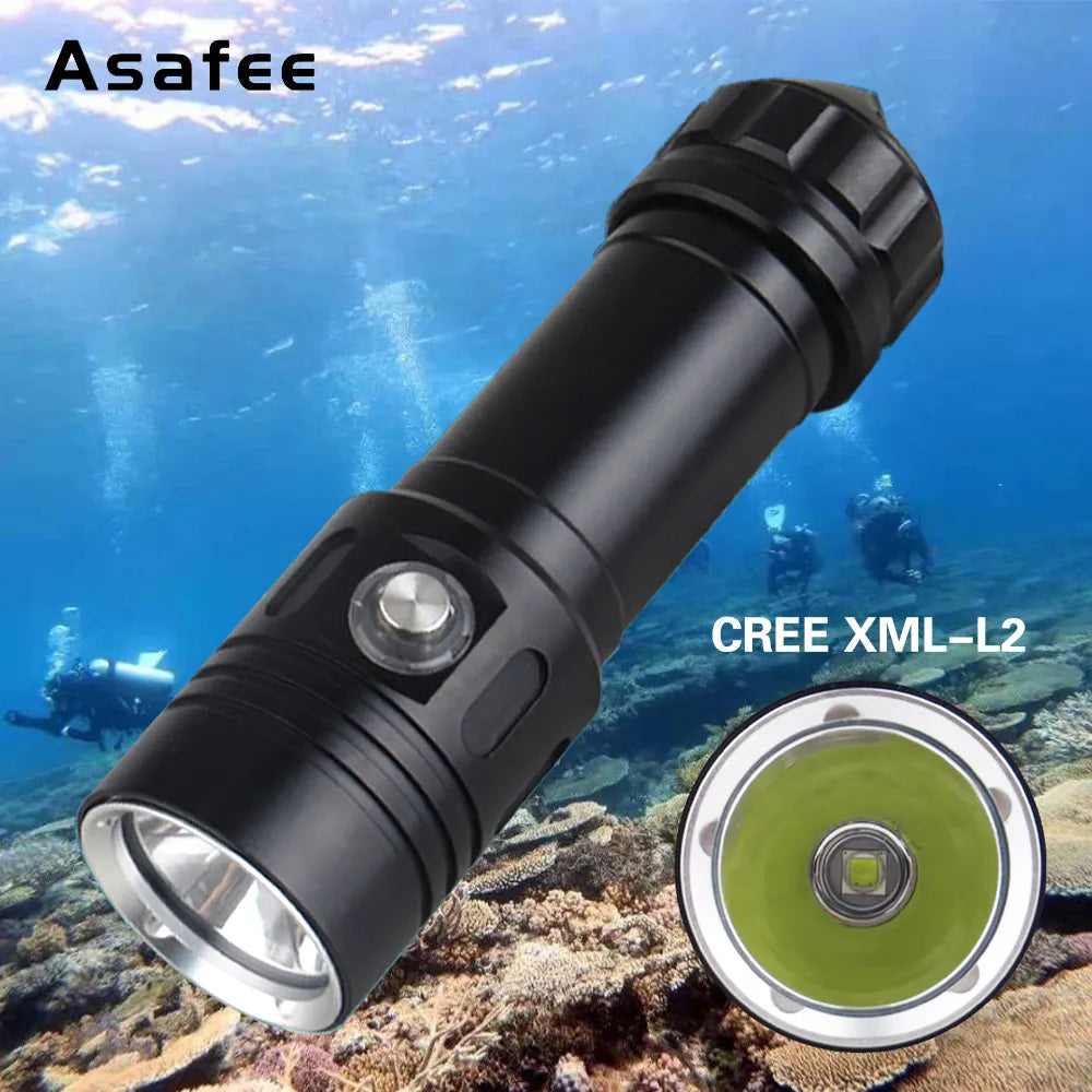 Rechargeable camping headlamp-Asafee Af05D Led Flashlight Torch Underwater 50M Diving Lamp 4 File Waterproof L2 Dive Light Power By 26650 Battery