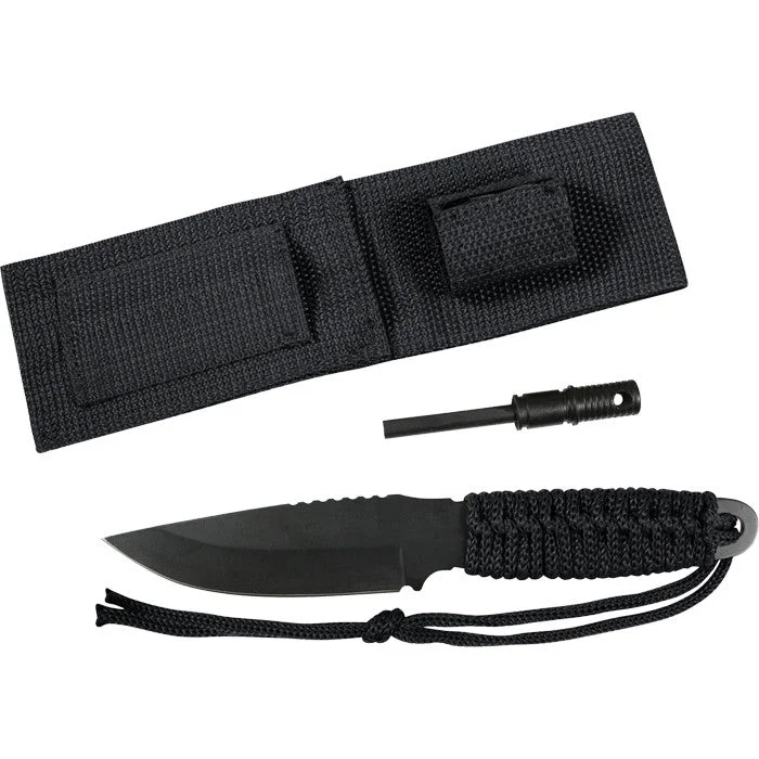 Lightweight camping cutlery-Black Tactical Paracord Knife & Fire Starter Kit