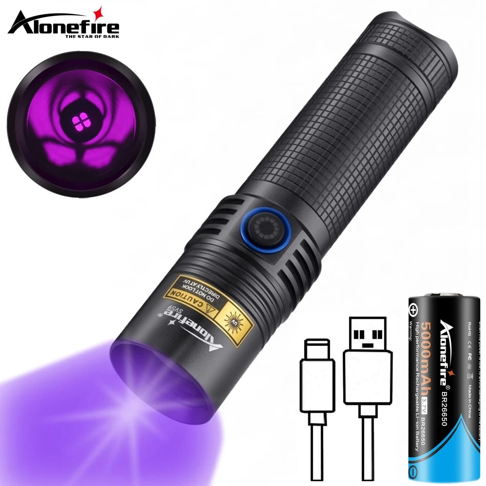 High-capacity hiking bottle-20W 365nm UV Purple Light USB Rechargeable Torch Invisible Ink Pet Stains Cat Tinea Ore Money Scorpion High power Detection Lamp