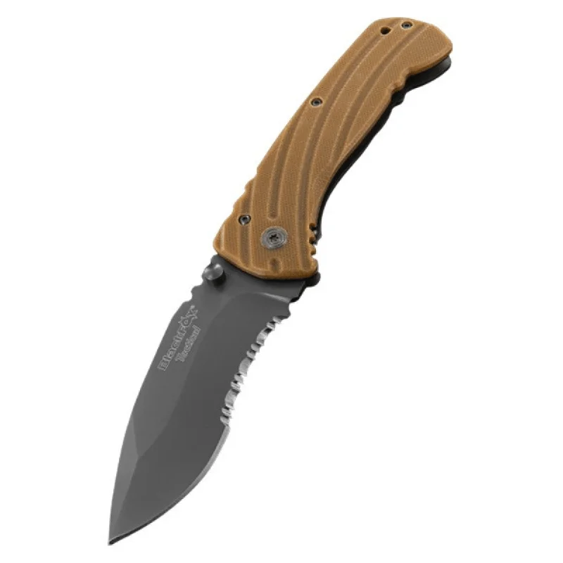 Rechargeable camping torch-Black Fox Frame Lock Folding G10 Titanium-treated Knife - BF-116 - Tan Brown